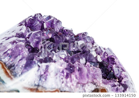 Amethyst Crystal Druse macro mineral on white background Amethyst Crystal Druse macro mineral on white background 133914150