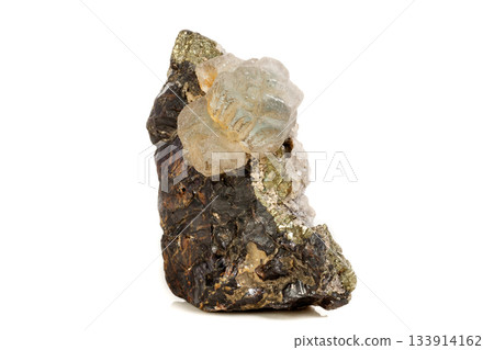 Macro of a mineral stone Sphalerite with fluorite and pyrite on a white background 133914162