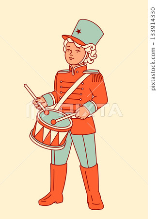 A clip art illustration of a child drummer in a vintage soldier uniform. A retro and playful graphic element. A clip art illustration of a child drummer in a vintage soldier uniform. A retro and playful graphic element. 133914330