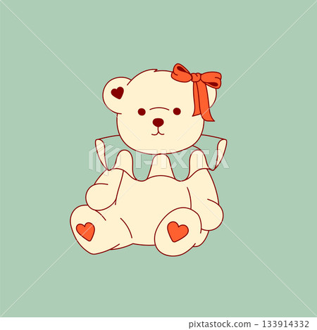 A tender clip art illustration of a vintage teddy bear with a coquette collar, bow, and hearts. A cute and charming isolated graphic design element. A tender clip art illustration of a vintage teddy bear with a coquette collar, bow, and hearts. A cute and charming isolated graphic design element. 133914332