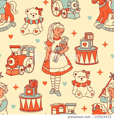 A cozy retro seamless pattern of vintage toys including alphabet blocks, a drum, teddy bear, and Nutcracker soldier. Perfect for nursery designs. A cozy retro seamless pattern of vintage toys including alphabet blocks, a drum, teddy bear, and Nutcracker soldier. Perfect for nursery designs. 133914333