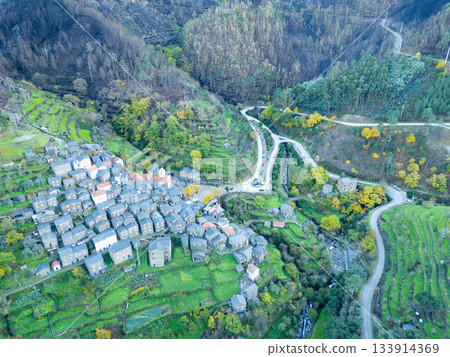 Piodao Historic Schist Village. Portugal. Aerial view Piodao Historic Schist Village. Portugal. Aerial view 133914369