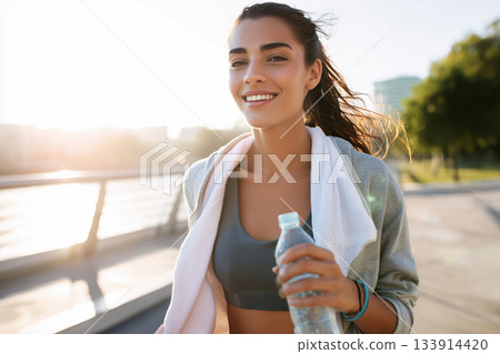 Image of a beautiful young fitness woman outdoors have rest drinking water. 133914420