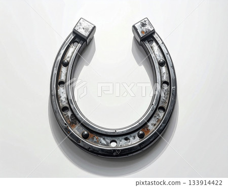 Retro element. Metal horse shoe on white background. Horse is symbol of 2026. Symbol of lucky. 133914422