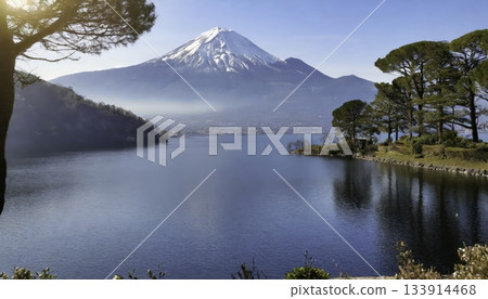 Majestic mountain landscape with misty lake 133914468