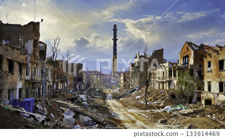 Striking image of urban ruins under a dramatic sky 133914469
