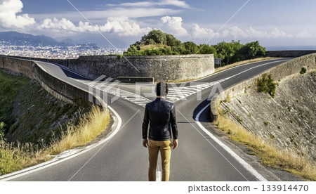 Man at desert crossroads deciding path Man at desert crossroads deciding path 133914470