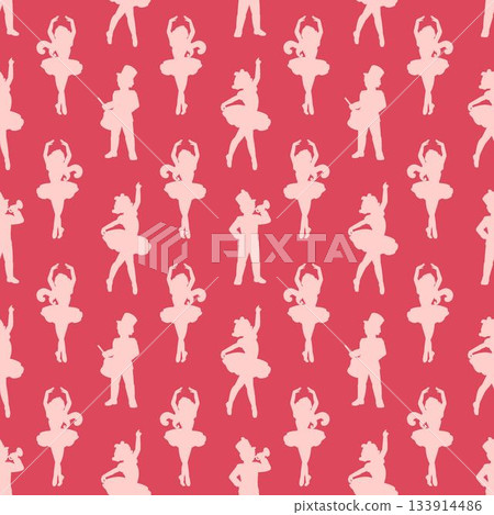 A royal, chic, and elegant ballet core seamless pattern. Features pink ballerina silhouettes on a scarlet background for a romantic coquette aesthetic design. A royal, chic, and elegant ballet core seamless pattern. Features pink ballerina silhouettes on a scarlet background for a romantic coquette aesthetic design. 133914486