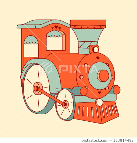 A simple clip art illustration of a retro toy train, isolated on a white background. Perfect for childhood-themed projects and vintage designs. 133914492