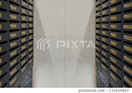 Neatly arranged mailboxes along corridor walls, Orderly line of mailboxes in city housing corridor, Well-organized row of mailboxes with brass plates in urban apartment hallway 133914607