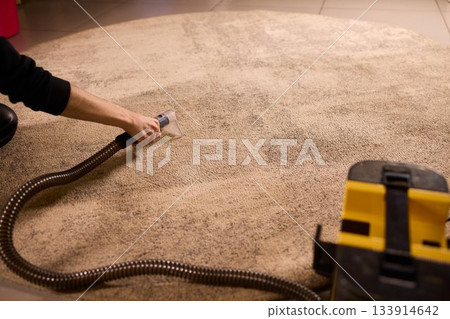 Cleaning equipment setup, Industrial floor cleaning operation, Operator arranges carpet extractor on tiled surface, Modern cafe entrance with cleaning machine and tidy scene Cleaning equipment setup, Industrial floor cleaning operation, Operator arranges carpet extractor on tiled surface, Modern cafe entrance with cleaning machine and tidy scene 133914642