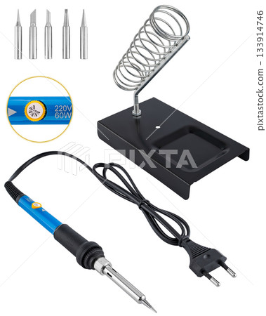 Electric soldering iron with interchangeable tips and a convenient metal stand for working. Electric soldering iron with interchangeable tips and a convenient metal stand for working. 133914746