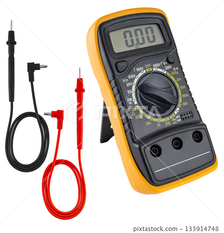 Digital multimeter in a protective case, designed to measure voltage and current. Digital multimeter in a protective case, designed to measure voltage and current. 133914748