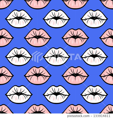 Seamless pattern with white and pink lips. Bold outlines, modern pop art flat style 133914811