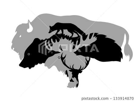 Silhouettes of animals symbol of the forest. hand drawing. Not AI. Vector illustration 133914870