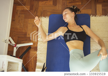 Serene relaxation practice, Calm woman practicing mindful breathing 133915519