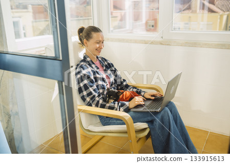 Female working happily, Female professional enjoys sunny workspace session Female working happily, Female professional enjoys sunny workspace session 133915613