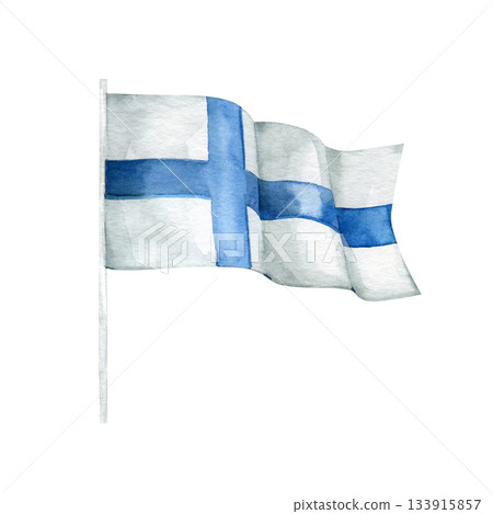 Watercolor illustration of the Finnish flag waving on a pole. Soft blue and white Nordic cross design symbolizing Finland, independence, national pride, Scandinavian culture, travel and patriotic Watercolor illustration of the Finnish flag waving on a pole. Soft blue and white Nordic cross design symbolizing Finland, independence, national pride, Scandinavian culture, travel and patriotic 133915857