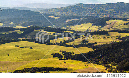 Breathtaking Rolling Hills and Green Fields Across a Sunlit Countryside Landscape Panorama 133915922