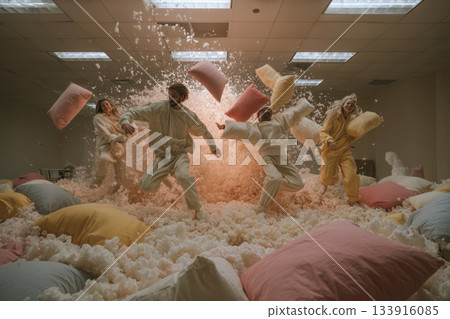 Joyful adults enjoy a playful pillow fight in a cozy minimalist space Joyful adults enjoy a playful pillow fight in a cozy minimalist space 133916085