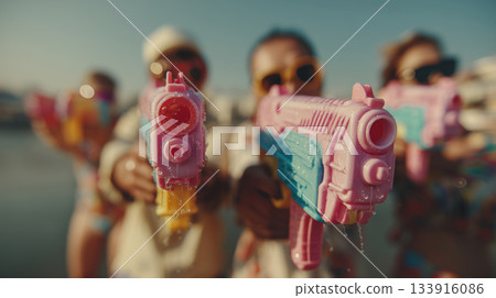Joyful water gun battle among adults under bright sunny sky Joyful water gun battle among adults under bright sunny sky 133916086