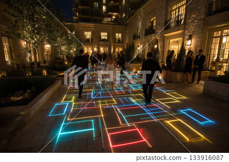 Adults dressed in formal attire enjoying hopscotch at a lively evening event Adults dressed in formal attire enjoying hopscotch at a lively evening event 133916087