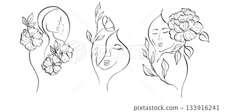 Vector Elegant female faces with delicate peony, tulip, begonia, aster, eustoma, rosehip with leaves. Hand painted linear contour flower. Graphic clipart isolated. Botanical, tattoo and wedding 133916241