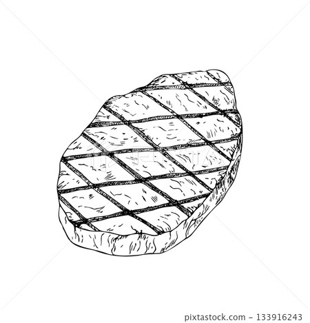 Vector Beef steak. Graphic ink pork, ribeye, meet illustration, isolated on background. Hand drawn line sketch. For designers, prints, logo, icon, menu, postcards, holiday, covers 133916243