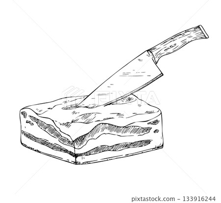 Vector knife in lard. Graphic ink pork Pork belly illustration, isolated on background. Hand drawn line sketch. For designers, prints, logo, icon, menu, postcards, holiday, covers 133916244