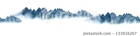 Watercolor forest border with misty mountains and evergreen trees. Atmospheric Nordic landscape painted in soft green and blue tones. Perfect for nature-themed designs, prints, stationery and 133916267