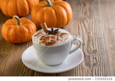 Autumn Pumpkin Spice Latte. A cozy pumpkin spice latte with cinnamon Autumn Pumpkin Spice Latte. A cozy pumpkin spice latte with cinnamon 133916328