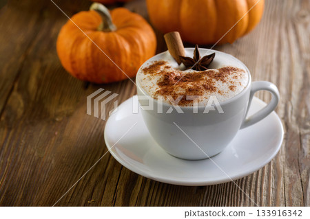 Autumn Pumpkin Spice Latte. A cozy pumpkin spice latte with cinnamon Autumn Pumpkin Spice Latte. A cozy pumpkin spice latte with cinnamon 133916342