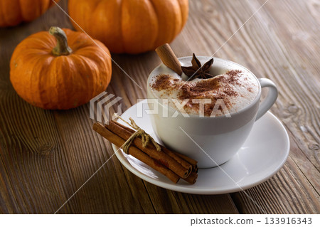 Autumn Pumpkin Spice Latte. A cozy pumpkin spice latte with cinnamon Autumn Pumpkin Spice Latte. A cozy pumpkin spice latte with cinnamon 133916343