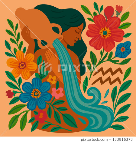 Aquarius zodiac sign in boho style. Nymph with jug from which water pours. Vector composition surrounded with flowers 133916373