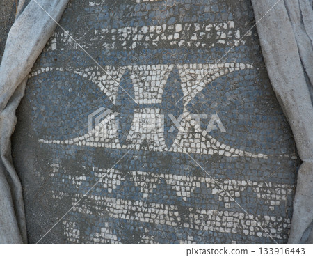 A fragment of a mosaic on the floor in the ruins of the ancient city of Phaselis in Lycia in modern Turkey on the shores of the Mediterranean Sea 133916443