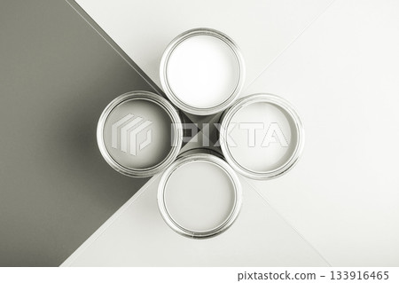 Paint cans creating a monochrome geometric design. Color of 2026 year dancer in the white cloud 133916465