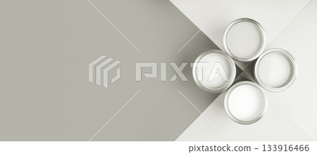 Grey paint cans offering color choice for renovation. Color of 2026 year dancer in the white cloud 133916466