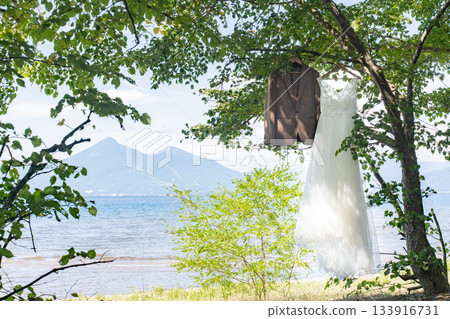 Wedding dress and tuxedo with Lake Inawashiro and Mt. Bandai in the background Wedding dress and tuxedo with Lake Inawashiro and Mt. Bandai in the background 133916731