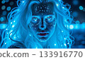An artistic depiction of a woman in a winter fantasy look, with neon blue lighting and makeup 133916770