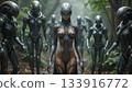 An image of futuristic alien creatures in biomechanical suits or armor 133916772