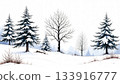The image is a watercolor painting of a winter forest 133916777