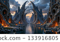 The image shows a fantastic landscape with unusual architectural forms and a waterway 133916805