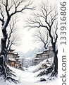 The image shows a landscape with traditional Chinese buildings in a snowy mountainous area 133916806
