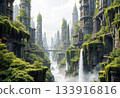 The image shows the concept of an eco-city or a lost city, where nature and ancient architecture merge 133916816