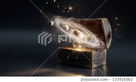 Golden Treasure Chest Opens To Reveal Cosmic Galaxy Inside With Stars, Planets, And Magical Glow Golden Treasure Chest Opens To Reveal Cosmic Galaxy Inside With Stars, Planets, And Magical Glow 133916862