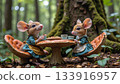 The image shows two anthropomorphic mice enjoying tea in the forest 133916957