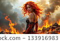 The image shows a woman with bright red hair against a backdrop of fire and smoke 133916983