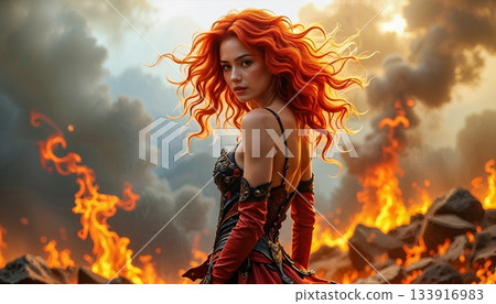 The image shows a woman with bright red hair against a backdrop of fire and smoke 133916983