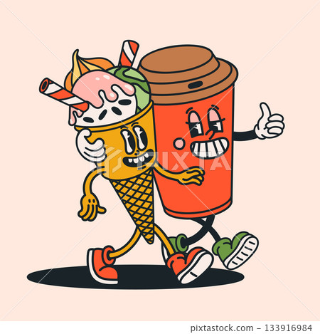 Retro groovy cartoon smiling ice cream cone and a cheerful coffee cup characters walking together. Playful vintage style coffee and icecream mascots expressive faces. Vector illustration. Retro groovy cartoon smiling ice cream cone and a cheerful coffee cup characters walking together. Playful vintage style coffee and icecream mascots expressive faces. Vector illustration. 133916984