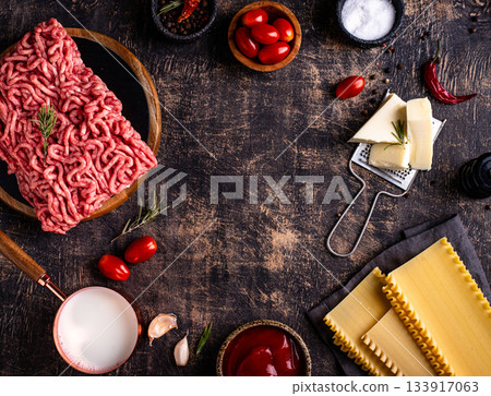 Ingredients for cooking lasagna bolognese with bechamel Ingredients for cooking lasagna bolognese with bechamel 133917063